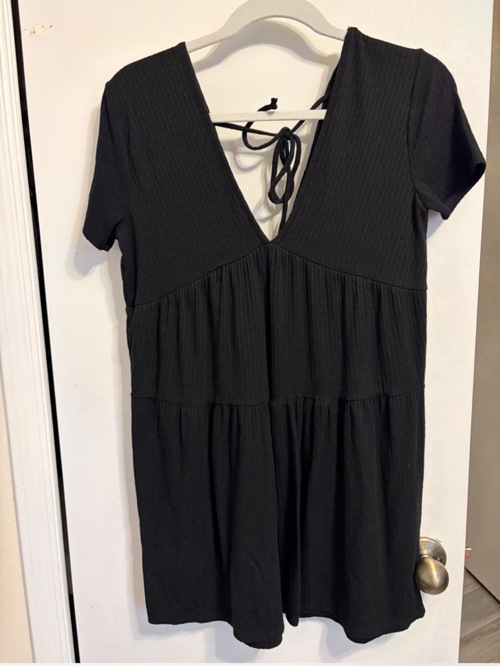 Backless Black V-Neck Tiered Mini Dress